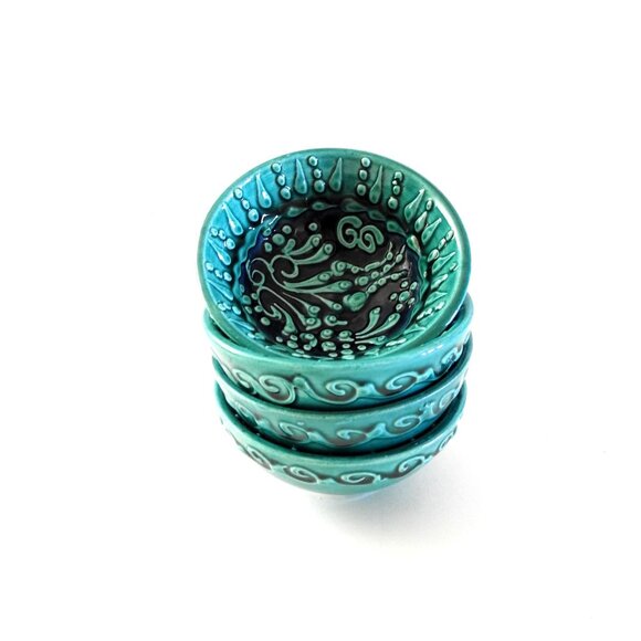Turkish Ceramic Teal and Blue Sauce Dipping Bowls Green Tea Bowls Majolica Artis - Picture 3 of 6